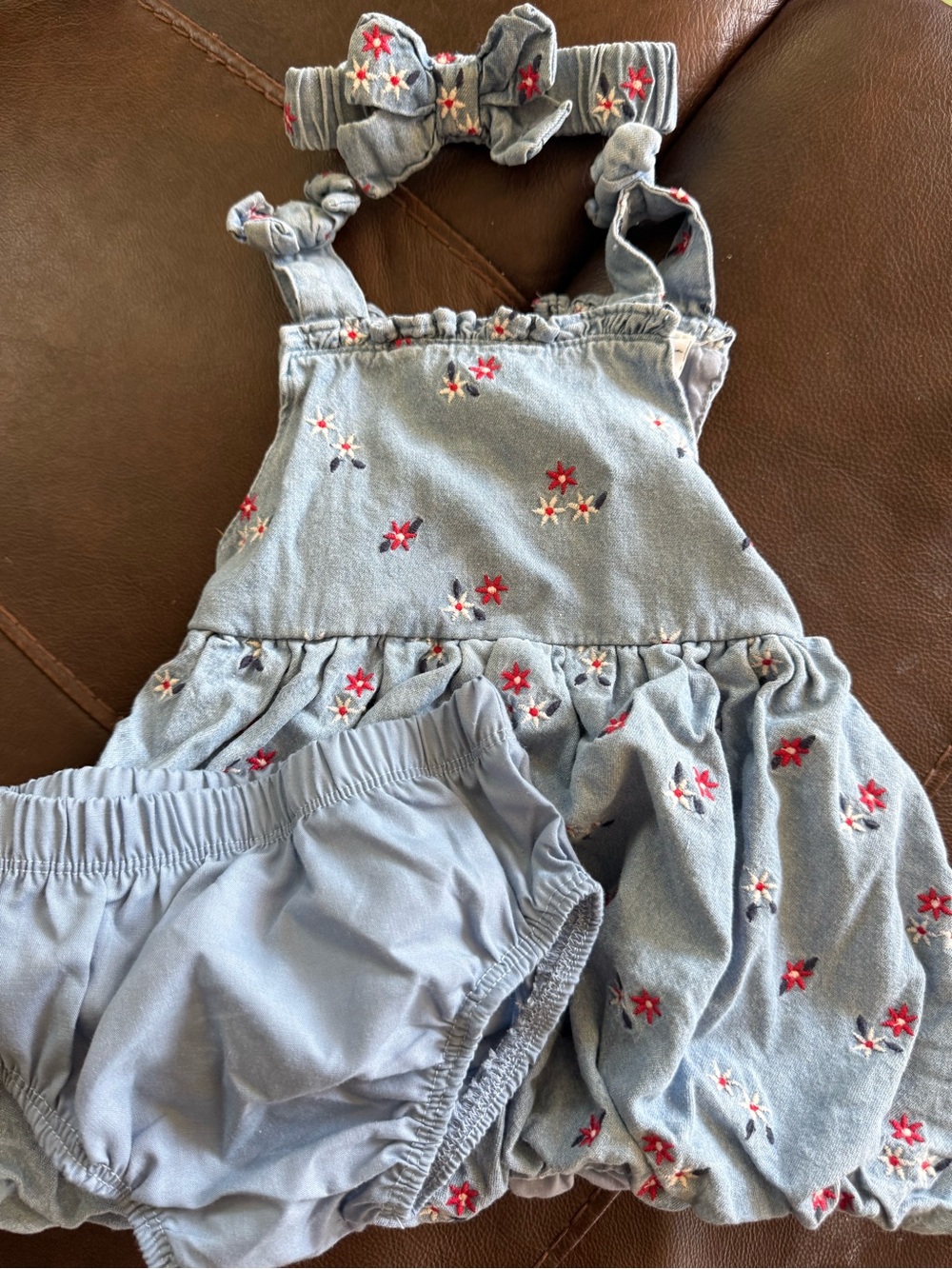 Girls Light Blue Embroidered Floral Dress with Bloomers